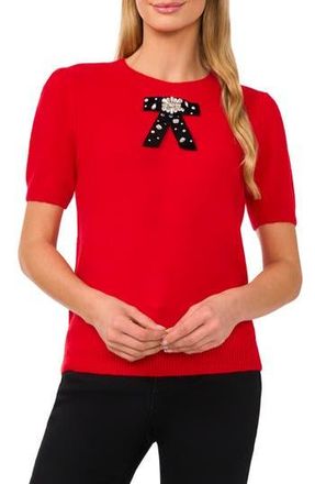 CeCe by Cynthia Steffe Embellished Velvet Bow Short Sleeve Sweater in Bright Cherry at Nordstrom Rack, Size Xx-Small