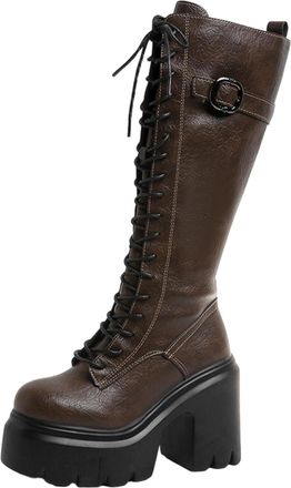 Generic Brown Women Fashion Boots with Chunky Heel and Lace Up Design Featuring A Thick Sole for A Cool Winter Style