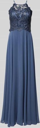 Vera Mont Abendkleid mit Spitzen- und Paillettenbesatz in Blau, Gr&ouml;&szlig;e 34