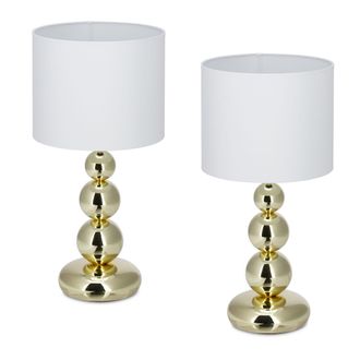 Relaxdays L&aacute;mpara De Mesa, Set 2, Base Met&aacute;lica Y Pantalla Tela, E27, 50x25, Lamparita Noche, Dormitorio, Blanco/dorado - Relaxdays