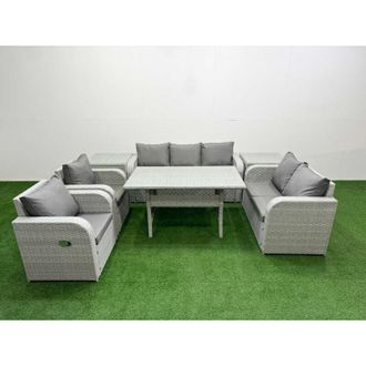 Fimous Pe Rattan Garden Furniture Set Reclining Chair Sofa Double Love Seat 2 Seater Sofa Lounge Set Rectangular Dining Table Side Table Light Grey - Fimous