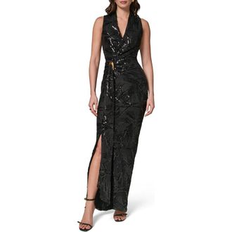 DKNY Sequin Floral Faux Wrap Gown in Blk/Black at Nordstrom, Size 12