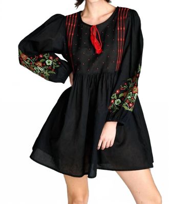 Velzera Floral Embroidered Peasant Mini Dress - Plus In Black