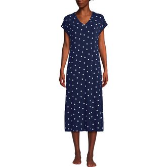Lands End Short Sleeve Cooling Midi Nightgown in Deep Sea Navy Dot at Nordstrom, Size X-Small P