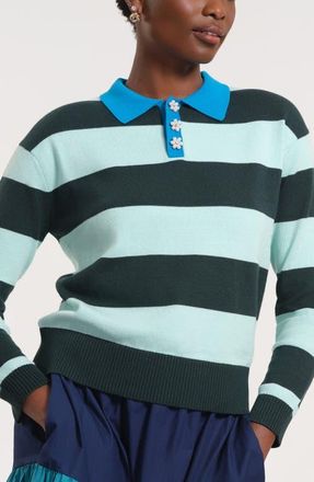 Isaac Mizrahi New York Floral Button Rugby Sweater in Teal/Multi at Nordstrom, Size X-Large