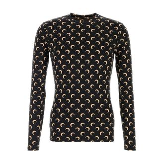 Marine Serre Long Sleeve Tops, male, Black, Size: S Moon Printed Jersey LS Crewneck Top