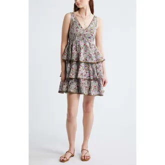 Treasure & Bond Floral Tiered Minidress in Olive Este Ditsy at Nordstrom, Size Xx-Small