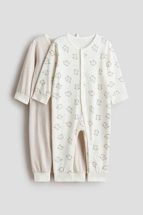 H&M 2-pack cotton pajama jumpsuits in Light Beige/elephants at Nordstrom, Size 6M