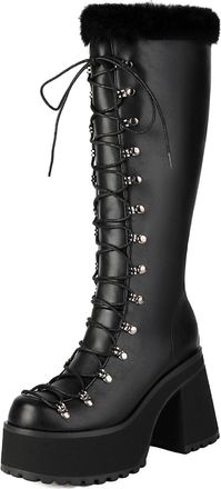 Generic Womens Chunky High Heel Platform Long Boots Round Toe PU Leather Knee High Boots Lace Up Winter Punk Boot,Black1,7.5 UK