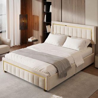 OEM Cama Doble 160x200 Cm - Tejido Lino-algod&oacute;n - Beige - Somier De Listones Incluido - Sin Colch&oacute;n