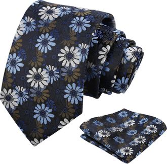 Alizeal Mens Flower Necktie Daisy Floral Wedding Business Multicolor Modern Tie and Pocket Square Set, Navy+Blue+White