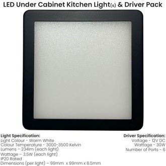 Loops 6x MATT BLACK Ultra-Slim Square Under Cabinet Kitchen Light & Driver Kit - Warm White Diffused LED