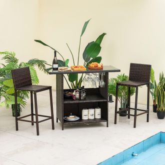 Costway Costway 3 Piece Patio Wicker Garden Bar Set Rattan Bar Height Table Chair Set w/ Stemware Racks in Brown
