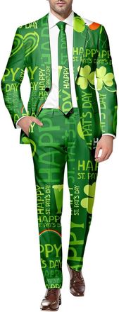Generic St. Patricks Day Suits for Men Irish Clover Shamrock Printed Blazer Trousers Leprechaun Fancy Dress Holiday Costume 2 Piece Tuxedo Spring Party Suits 
