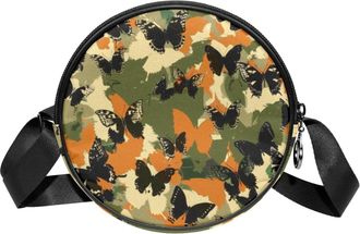 Generic Circle Crossbody Bag for Women, Camouflage Butterfly Small Sling Bag Daypack with Zipper Adjustable Shoulder Straps Casual Ladies Girls Round Purse