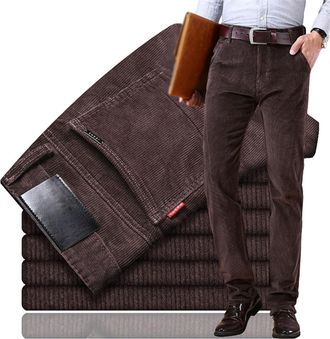 Generic Mens Classic-Fit Corduroy Pant, Fall Winter Casual Pleated Pants,Stylish & Comfortable Hidden Extra, Straight Trousers (Coffee,33)
