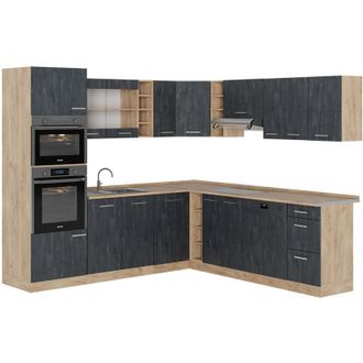 Vicco Cucina angolare completa R-Line, Calcestruzzo nero/quercia dorata, 237 x 247 cm senza piano di lavoro
