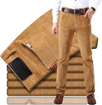 Generic Mens Classic-Fit Corduroy Pant, Fall Winter Casual Pleated Pants,Stylish & Comfortable Hidden Extra, Straight Trousers (Khaki,34)