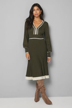 Wallis Womens Zip Front Pleated Knitted Midi Dress - Khaki Viscose - Size X-Large