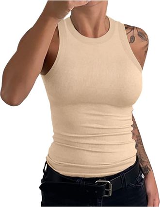 Generic Running Vest Tops Women UK Stretchy Slim-fit Womens Tank Top Round Neck Sleeveless Summer Camisole Vests for Workout Yoga Gym Solid Soft Breathable La