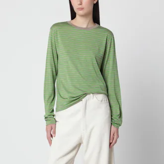 Auralee T-shirt verde a righe in lana