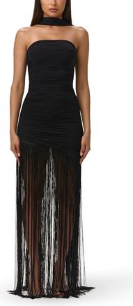 Naked Wardrobe Fringe Hem Ruched Strapless Dress in Black at Nordstrom, Size X-Small