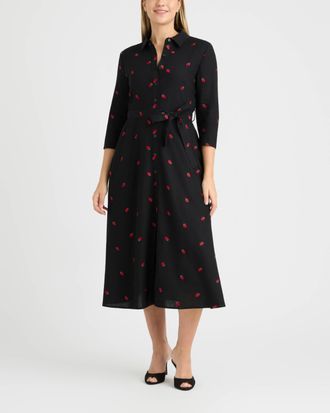 Ellen Tracy Womens Linen Belted Shirt Dress with Embroidery Detail