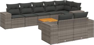 vidaXL Set De Muebles De Jard&iacute;n 9 Pzas Y Cojines Rat&aacute;n Sint&eacute;tico Gris Vidaxl