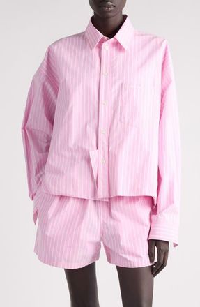 Balenciaga Folded Stripe Cotton Poplin Button-Up Shirt in 5621 Pink/White at Nordstrom, Size 10 Us
