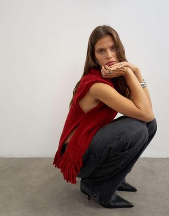 Topshop poncho in maglia con frange rosso