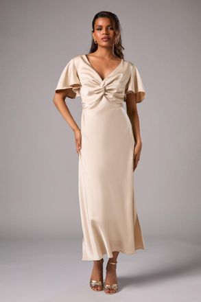 Oasis Womens Petite Satin Twist Angel Sleeve Midi Bridesmaids Dress - Champagne - Size 12 UK