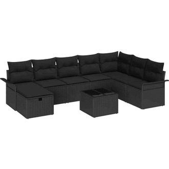 vidaXL Conjunto De Sof&aacute; De Jard&iacute;n Manual 9 Pcs Negro Rat&aacute;n Sint&eacute;tico