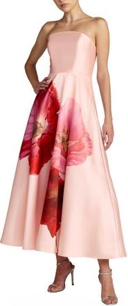 Mac Duggal Strapless A Line Midi Dress With Flower Print in Blush Multi at Nordstrom, Size 10