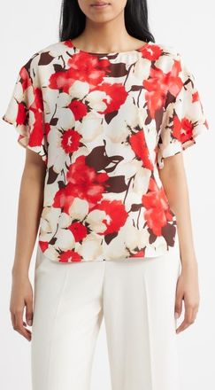 Anne Klein Floral Print Flutter Sleeve Top in White Dove Multi at Nordstrom, Size X-Large