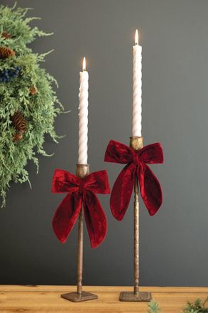 Kalalou Set Of Two Antique Brass Taper Candle Holders W Velvet Bows