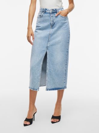 Vila Jeansrock VILA VIJAF HW MIDI DENIM SKIRT-NOOS, Damen, Gr. 38, blau (light blau denim detail:wash lbd 065), Denim/Jeans, Obermaterial: 99% Baumwolle, 1