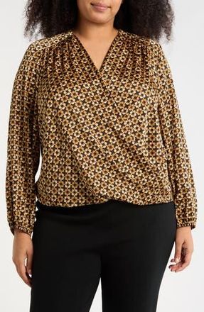 T Tahari Long Sleeve Faux Wrap Top in White Chain Print at Nordstrom Rack, Size 1X