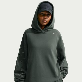 Nike Womens Studio Fleece Medium Weight Oversized Pullover Hoodie in Green | IX7043-303