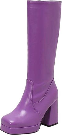 Generic Womens Glossy Patent Leather Knee Boots Square Toe Platform Ultra-High Thick Heel Winter Long Boots