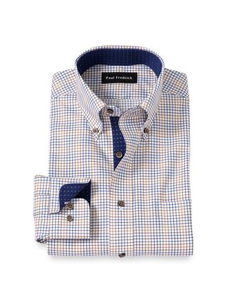 Paul Fredrick Slim Fit Comfort Stretch Non-iron Tattersall Dress Shirt With Contrast Trim