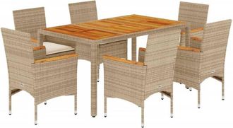 vidaXL Set De Comedor Jard&iacute;n 7 Pzas Con Cojines Rat&aacute;n Pe Acacia Beige Vidaxl