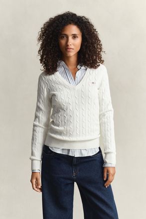 GANT Women Cable Knit V-Neck Sweater (XXXL) EGGSHELL