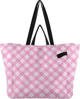 Generic Pink Plaid print Reusable Canvas Tote Bag, Heavy Duty Grocery Shopping Bag with Large Capacity Double Handles Hard Bottom Work Groceries Travel