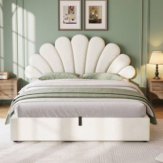 Merax 4ft6 Double Upholstered Bed with Petal Headboard, Velvet Bed Frame in Beige