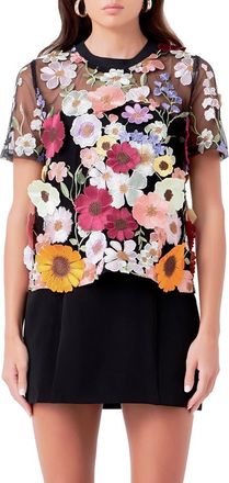 endless rose Floral Embroidered Appliqué Organza Top in Black at Nordstrom, Size X-Small