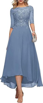 Generic Dusty Blue Mother of The Groom Dresses Tea Length for Women Chiffon Lace Applique Formal Dress with Sleeves UK14