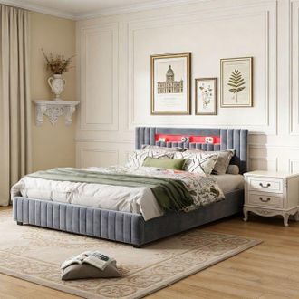 OEM Cama Lit Coffre 160x200 Terciopelo Gris Acolchado - Hidr&aacute;ulica - Cabecera Led Y Usb - Somier Incluido