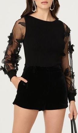 ASTR the Label Meagan Floral Appliqu&eacute; Sheer Sweater in Black at Nordstrom Rack, Size X-Small