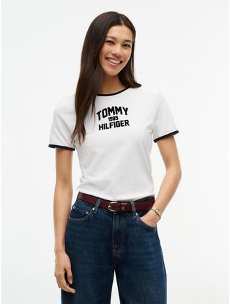 Tommy Hilfiger Womens Slim Fit Varsity Logo Ringer T-Shirt - Ecru - XXS