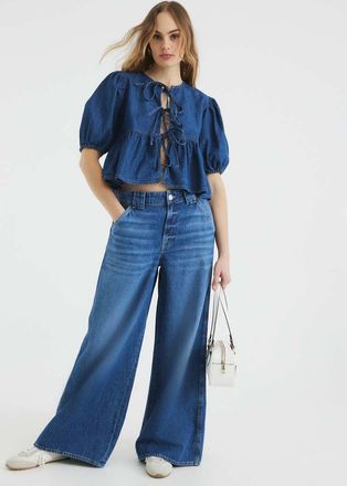 River Island denim puff sleeve top in mid blue